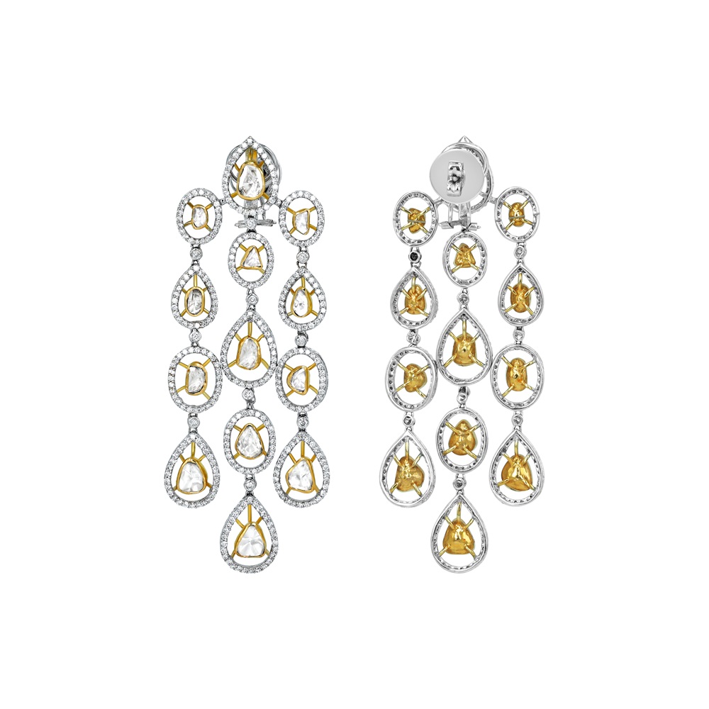 Chandelier Earrings with Pear-Shaped Polki and Diamond Halo